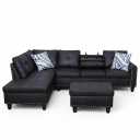 3-Piece L-Shaped Modular Leather Sofa  Convertible Sectional Couch with Movable Chaise & Storage Ottoman, Multi-Scene Use for Living Room, Apartment & Office, Black