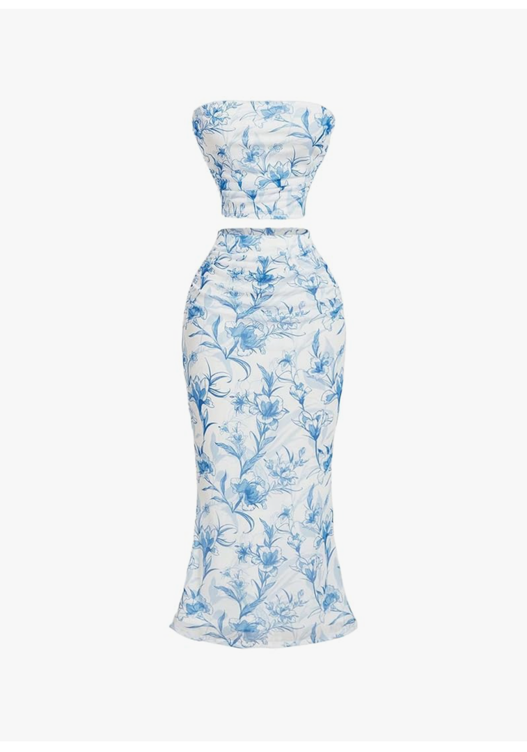 Verdusa Women's 2 Piece Floral Outfits Ruched Strapless Bandeau Crop Top and Fishtail Bodycon Skirt Set, Size Medium