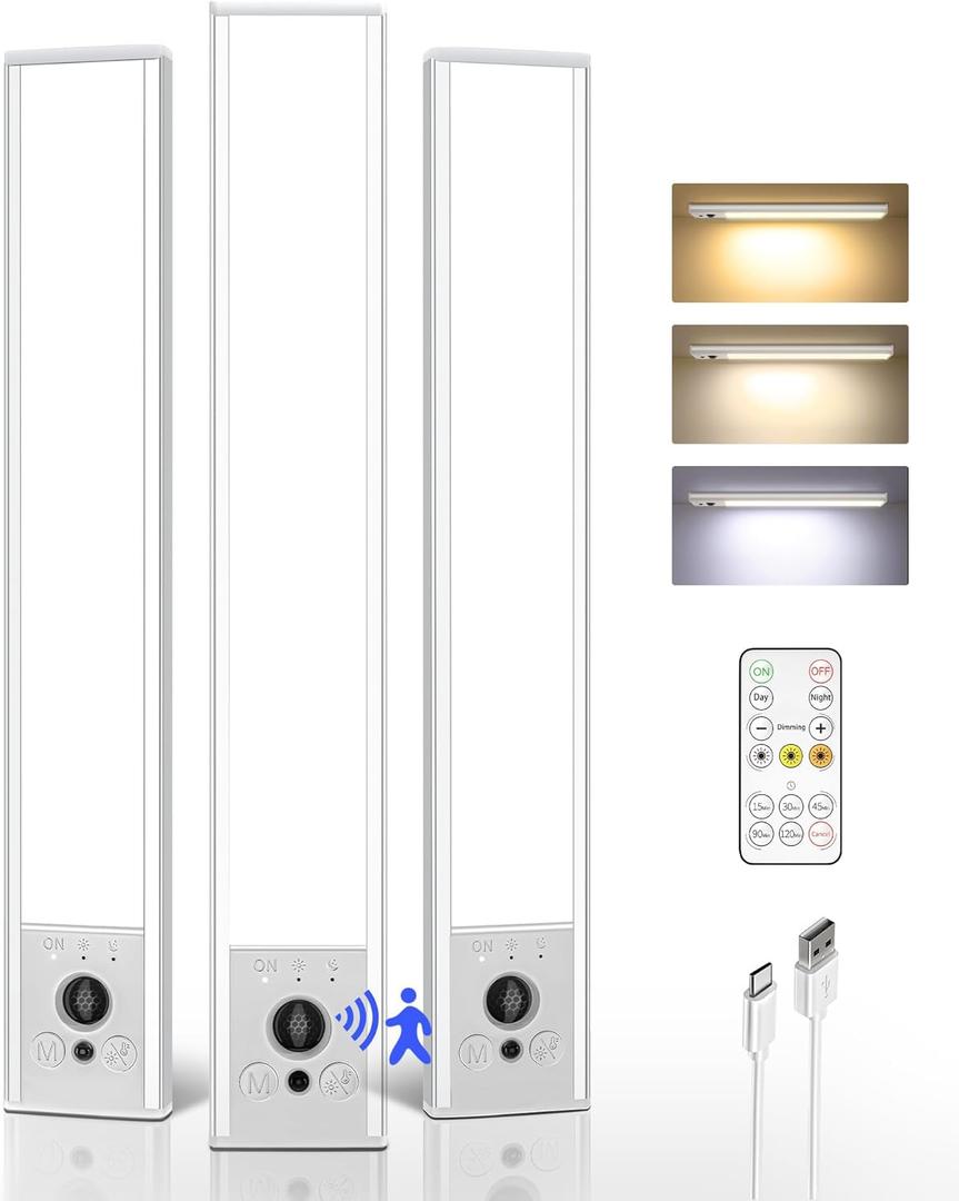 EZVALO 3-Pack Under Cabinet Lighting, 2400mAh Rechargeable Motion Sensor Light, 10inch Magnetic Closet Lights with Dimmable & 3 Color Temps, Wireless Motion Activated Lights with Remote for Kitchen