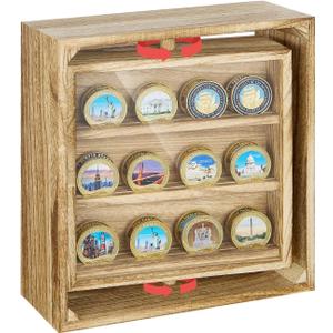 Double-Sided Challenge Coin Display Case, 360° Rotating Solid Wood Holder with Clear Dustproof Cover, Handmade Coin Rack for 33 Coins, Military Memorabilia Display Box for Veterans Gifts