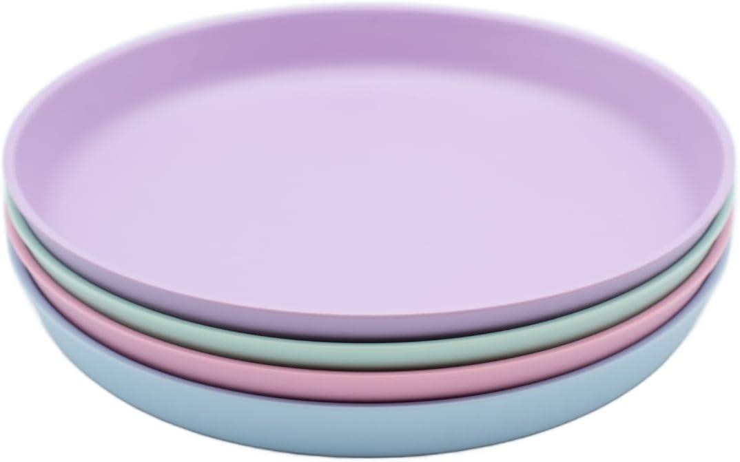 WeeSprout Bamboo Plates, Set of 4, Kid-Sized Dinnerware, Dishwasher Safe Melamine Dishware (Pastel Blue, Mint, Purple & Pink, Without Lids)