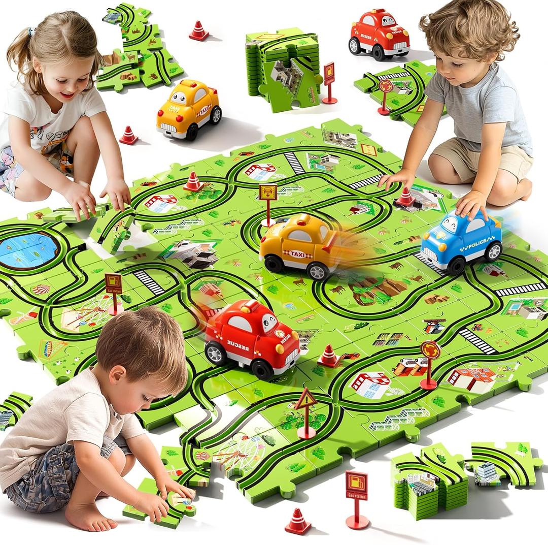 64PCS Puzzle Track Car Set Toys for Kids Boys, Toddler Toys Gifts for 3 4 5 Year Old, Floor Puzzle Tracks Car for Boys Ages 3-5 4-6, for 3 4 5 6 Year Old