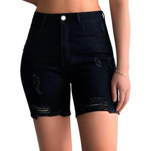 roswear Womens Casual Summer Ripped High Waisted Shorts Stretch Distressed Frayed Raw Hem Jean Shorts (Medium, Black)
