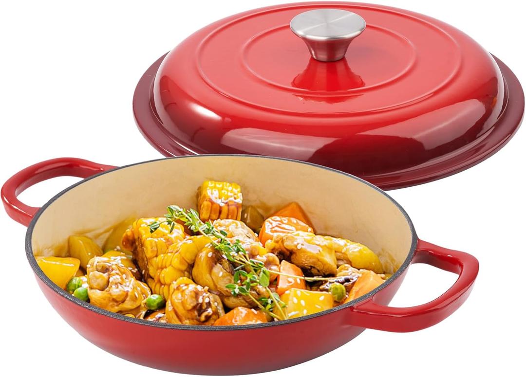 3 Quart Enameled Cast Iron Braiser, Non Stick Enameled Cast Iron Skillet with Lid, Dutch Oven Skillet with lid up to 500F for Oven, Stove, Grill, Shallow Dutch Oven for Cook, Bake (Red)