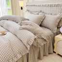 LifeTB Tan Gingham Comforter Set Twin XL Vintage Ruffle Taupe Plaid Checkered Comforter Set 3 Pieces Soft Fluffy Beige Grid Bed Comforter with 2 Pillowcases Farmhouse Gingham Bedding Set