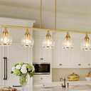 Island Light for Kitchen, 5-Light Gold Kitchen Island Linear Hanging Pendant Chandeliers, Brushed Gold Dining Room Light Fixture Over Table with Clear Round Glass Shades