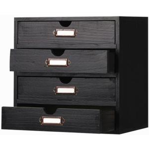 Wooden Storage Box Rustic Desktop Organizer with 4 Drawers Office Desk Accessories Shelf Small Craft Storage Containers Apothecary Cabinet and Chest Jewelry Holder for women(BLACK)