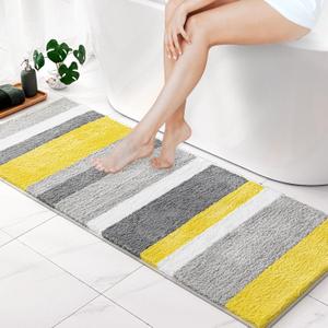 MIULEE Fluffy Bathroom Rugs Bath Mats Rugs Microfiber Striped Shower Rug Absorbent, Soft and Plush Machine Washable Non Slip Carpet Quick Dry for Bathroom Floor Tub, 16x48 Inch, Yellow-Grey