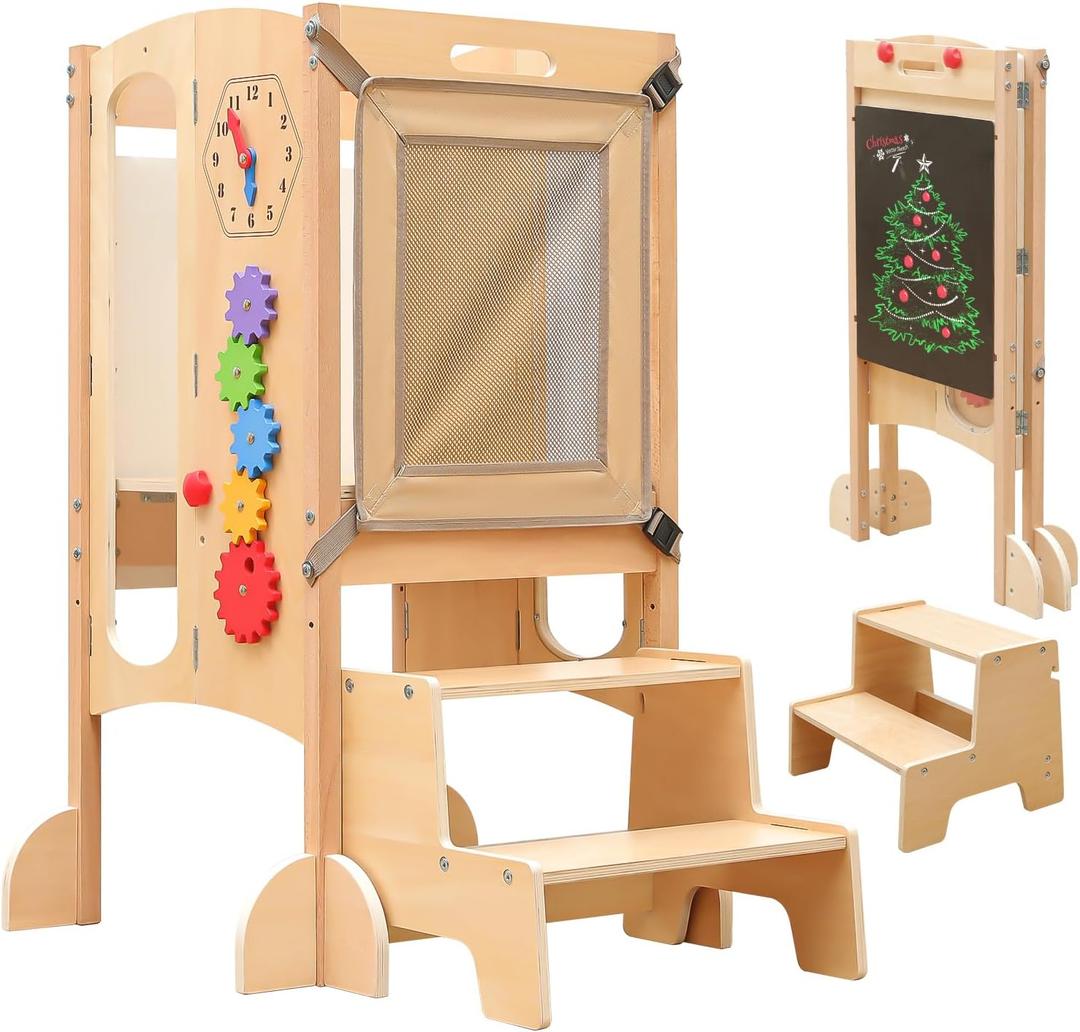 Toddler Tower Foldable Toddler Kitchen Stool Helper with 2 Step Stool, Safety Net, Adjustable Height, Chalk-Whiteboard& Montessori Activity Games