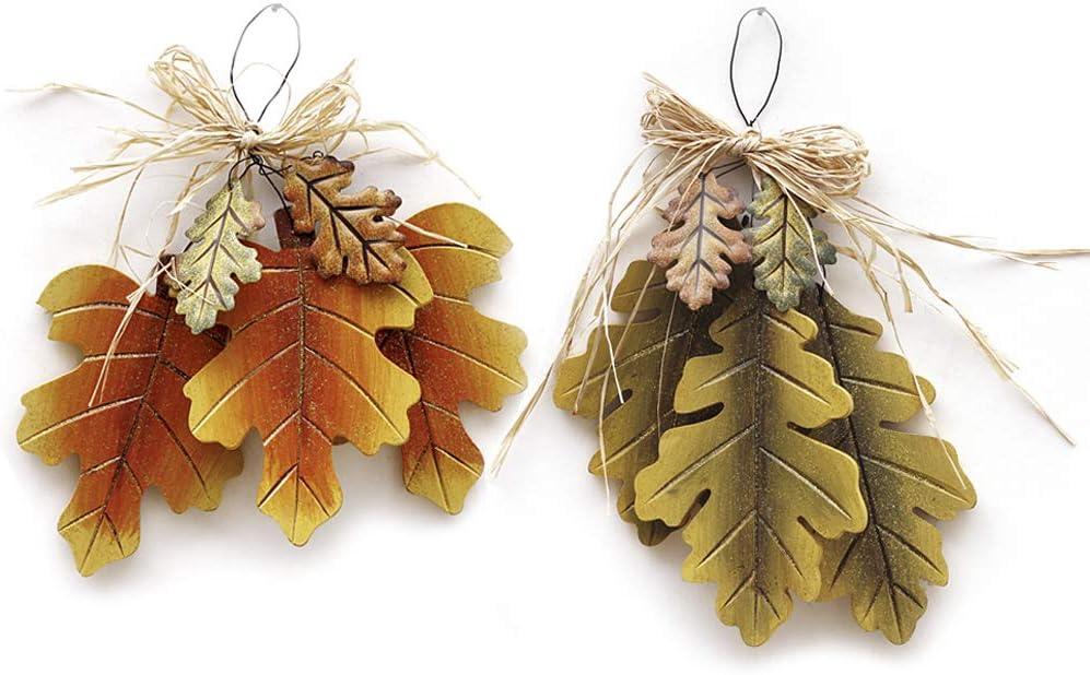 Wooden Hanging Fall Leaves Decor Set of 2, Maple & Oak Leaves Rustic Autumn Themed Decor for Front Door & Wall, 10.5" X 7.75"
