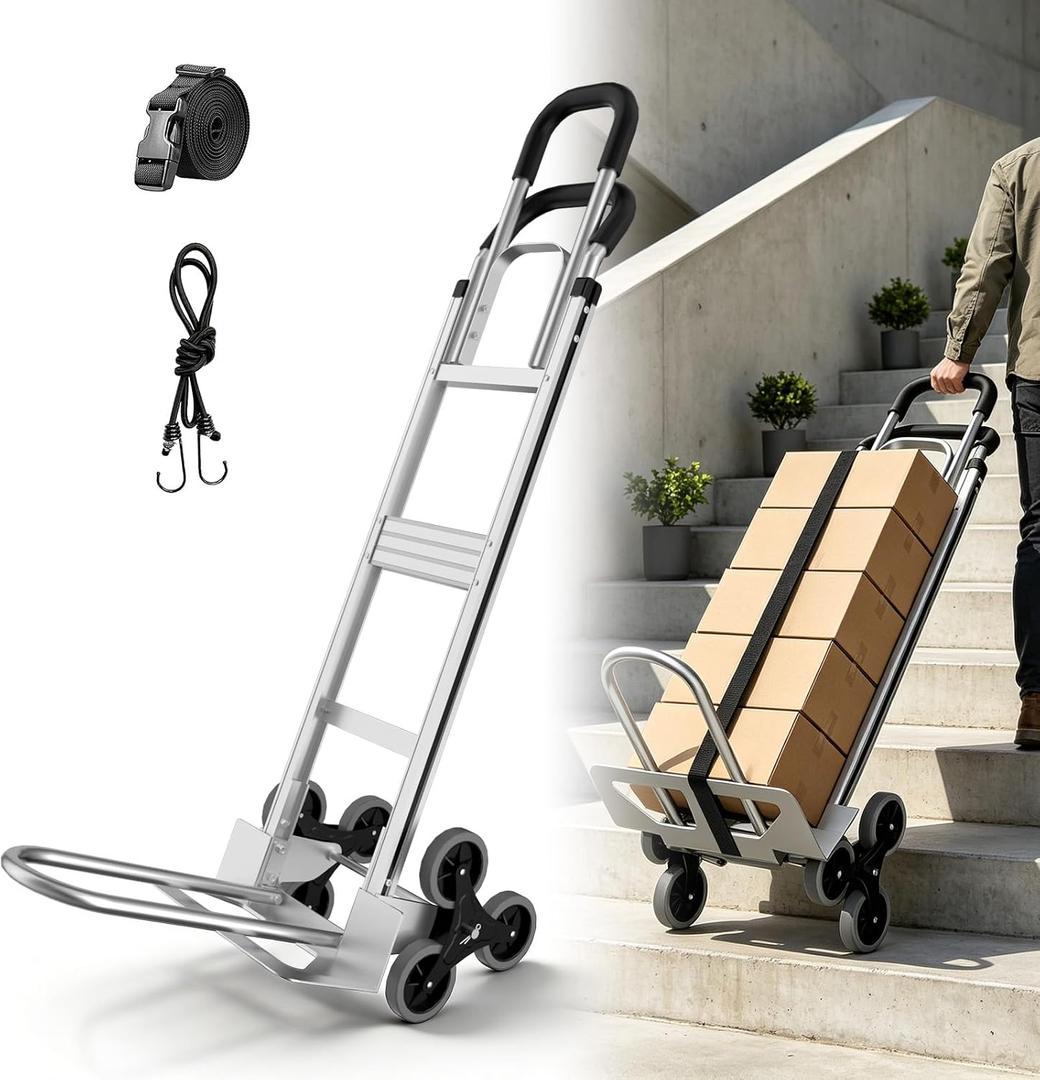 Aluminum 2 in 1 Hand Truck Dolly Cart with 6 Wheels, 600 Lbs Capacity, Heavy Duty Stair Climbing Dolly with Dual Handles, Bungee Cord & Strap for Flat Ground & Stairs, Warehouse, Home, Office, Silver