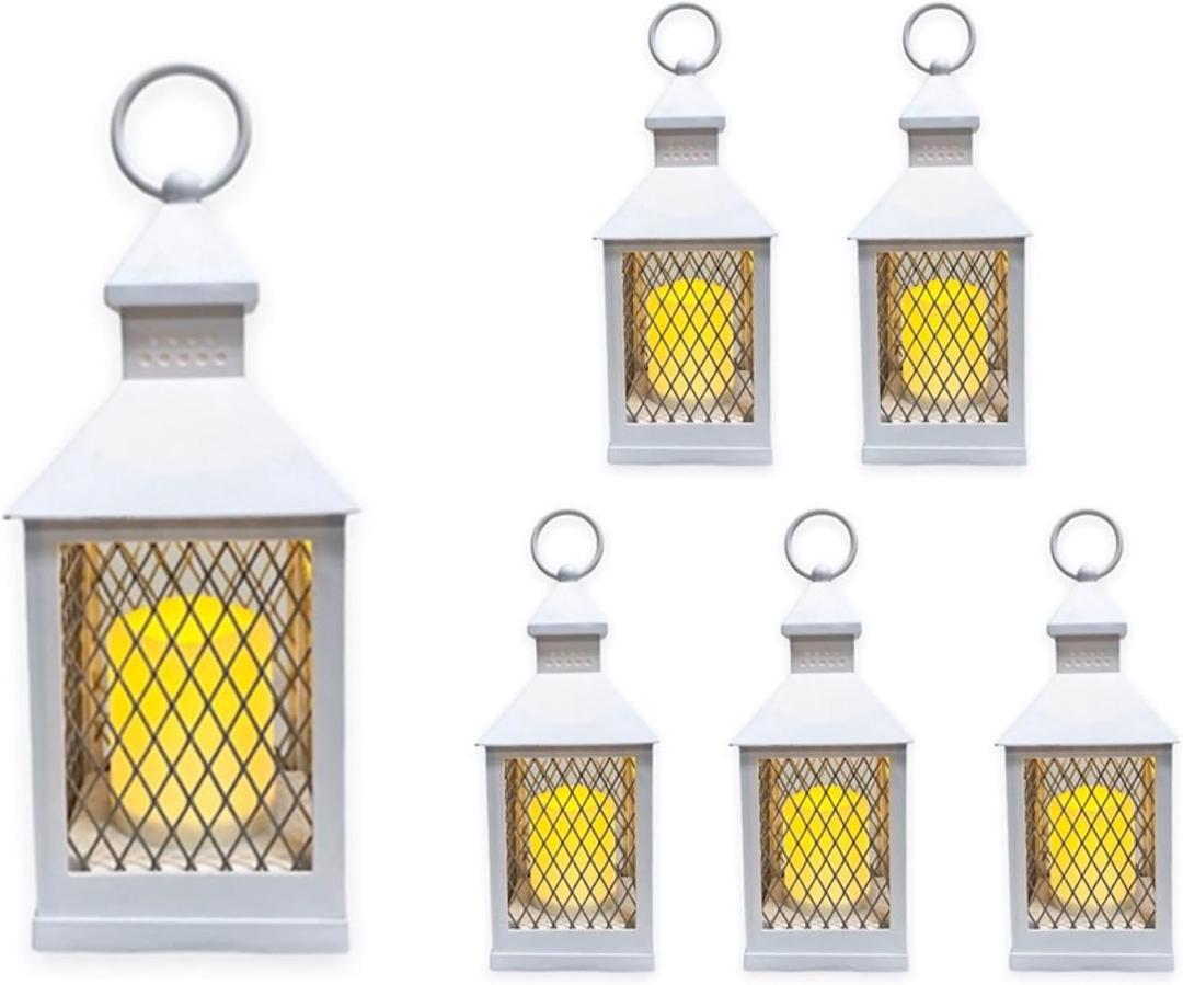 Farm House Lanterns {6 Pc Set} 10" Decorative Lanterns with Flameless LED Lighted Candle, 5HR Timer, Weather Resistant - Decorative Outdoor Lanterns - White