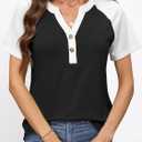 ANRABESS Womens Tops Short Sleeve Henley Shirts Summer V Neck Color Block Tunic T Shirts Casual Blouses Work Trendy Clothes Black XX-Large (Black, XXL)