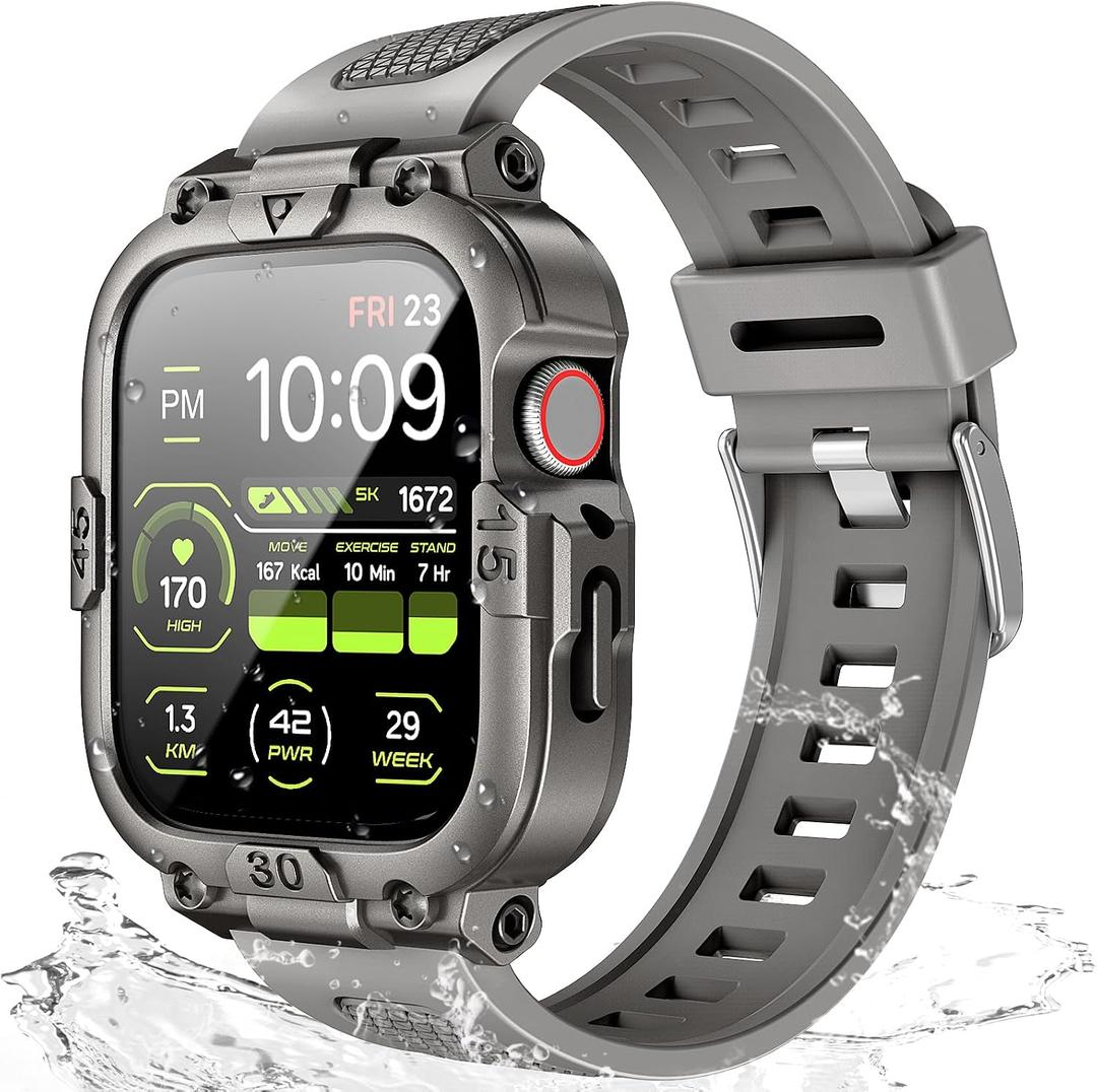 Dsytom Waterproof Case with Band Compatible for Apple Watch Band 46mm  for Men,Rugged Smartwatch Strap with Built-in Tempered Glass Screen Protector for iWatch Series 11/10