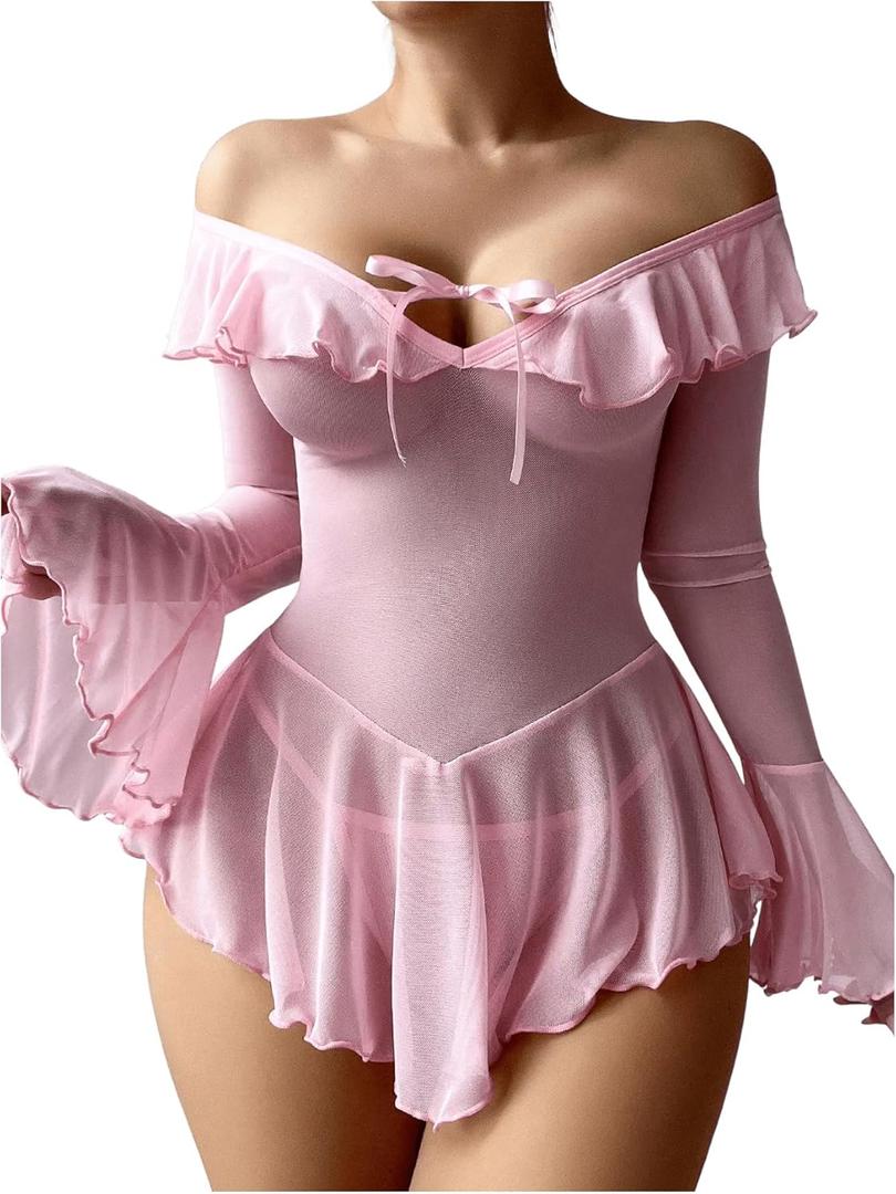 OYOANGLE Women's 2 Piece Off Shoulder Long Sleeve Ruffle Mesh Sheer Nightgowns with Thongs Babydoll Lingerie Set (Medium, Pink)