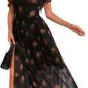 GothDark Women's Mesh Dress Short Sleeve Round Collar Floral Print High Slit Waist-Cinched Wedding Guest Maxi Dresses, Size: M