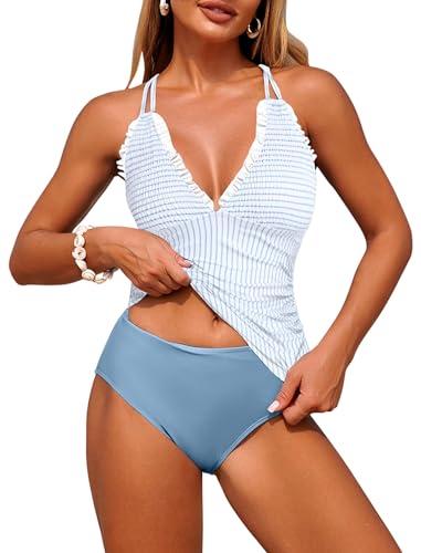 ZAFUL Womens Tankini Bathing Suits Modest Two Piece Swimsuit Smocked Push Up Slimming Tankinis with High Waisted Full Coverage Bottom Sexy Retro Adjustable Straps Tummy Control Swimwear Striped Blue L
