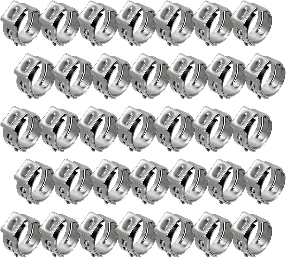 35 Packs Stainless Steel Single Ear Hose Clamps, Adjustable 5.8-7mm Heavy Duty Cinch Rings Crimp Pinch Fittings Tools, Ear Stepless Hose Clamp for Home Appliance Line, Plumbing