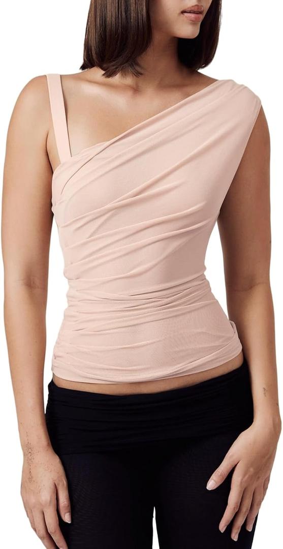 Women One Shoulder Top Ruched Mesh Crop Tank Slim Fit Shirt Beige S (Beige, S)