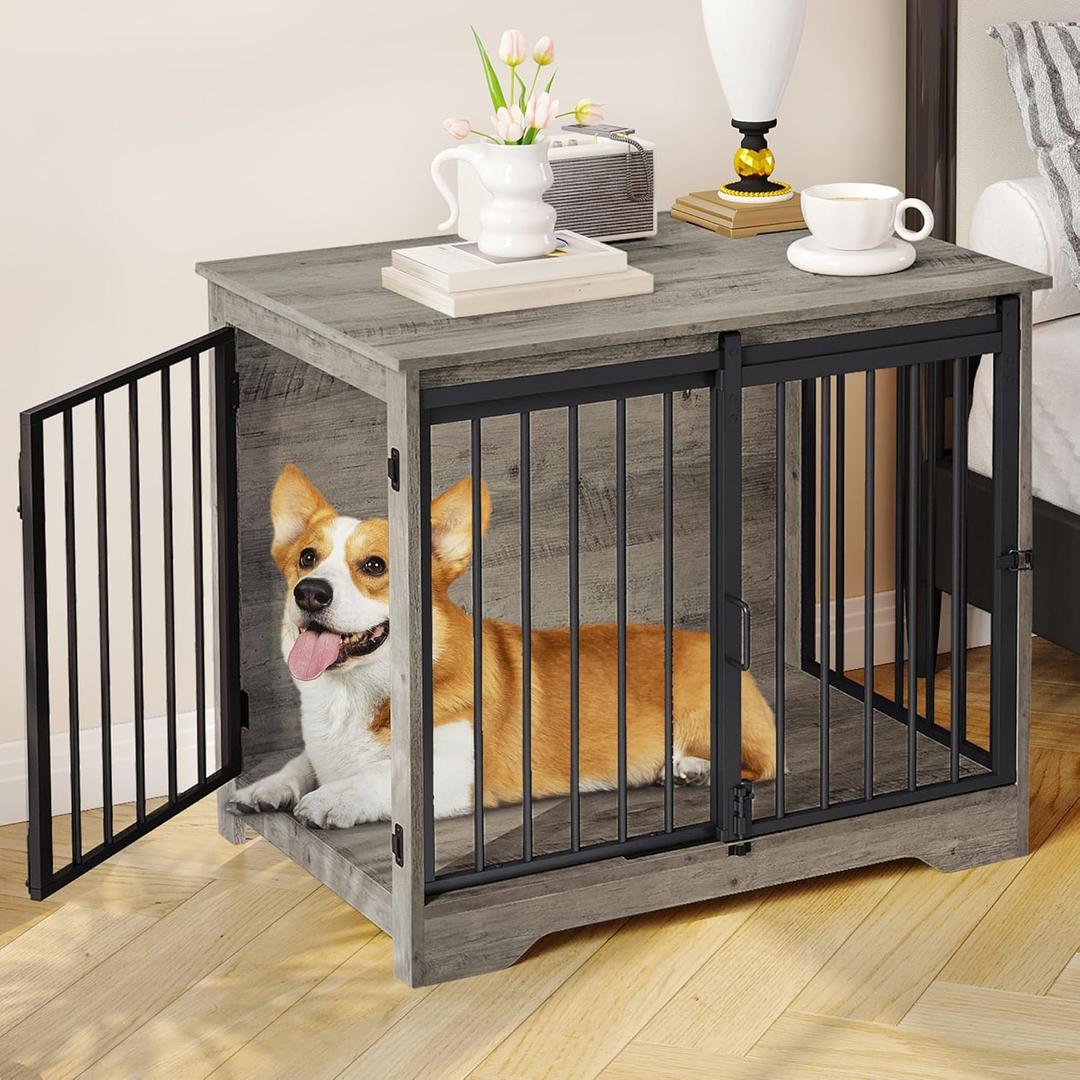 Hzuaneri 31.9" Dog Crate Furniture with Barn Door, Heavy Duty Dog Kennel Indoor with 2 Doors, Wooden Pet Cage End Table for Small Medium Dogs up to 44 lb, Anti-Chew Anti-Escape, Greige DFC83605B