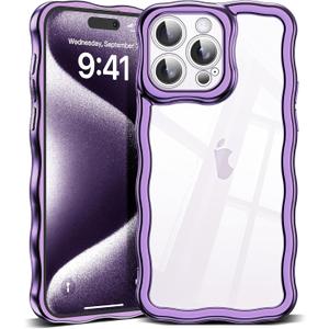3 x SKYLMW Compatible with iPhone 15 Pro Case, Kawaii Cute Curly Wave Frame Luxury Plating Edge, Stylish Glossy Clear Back, Soft TPU Shockproof Protective Cases for iPhone 15 Pro, Purple