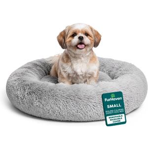 FurHaven 23" Calming Donut Dog Bed for Small Dogs & Cats, Round Plush Donut Design with Soft Filling for Snuggling Comfort, Removable Washable Cover, Small, Shaggy Faux Fur, Mist Gray