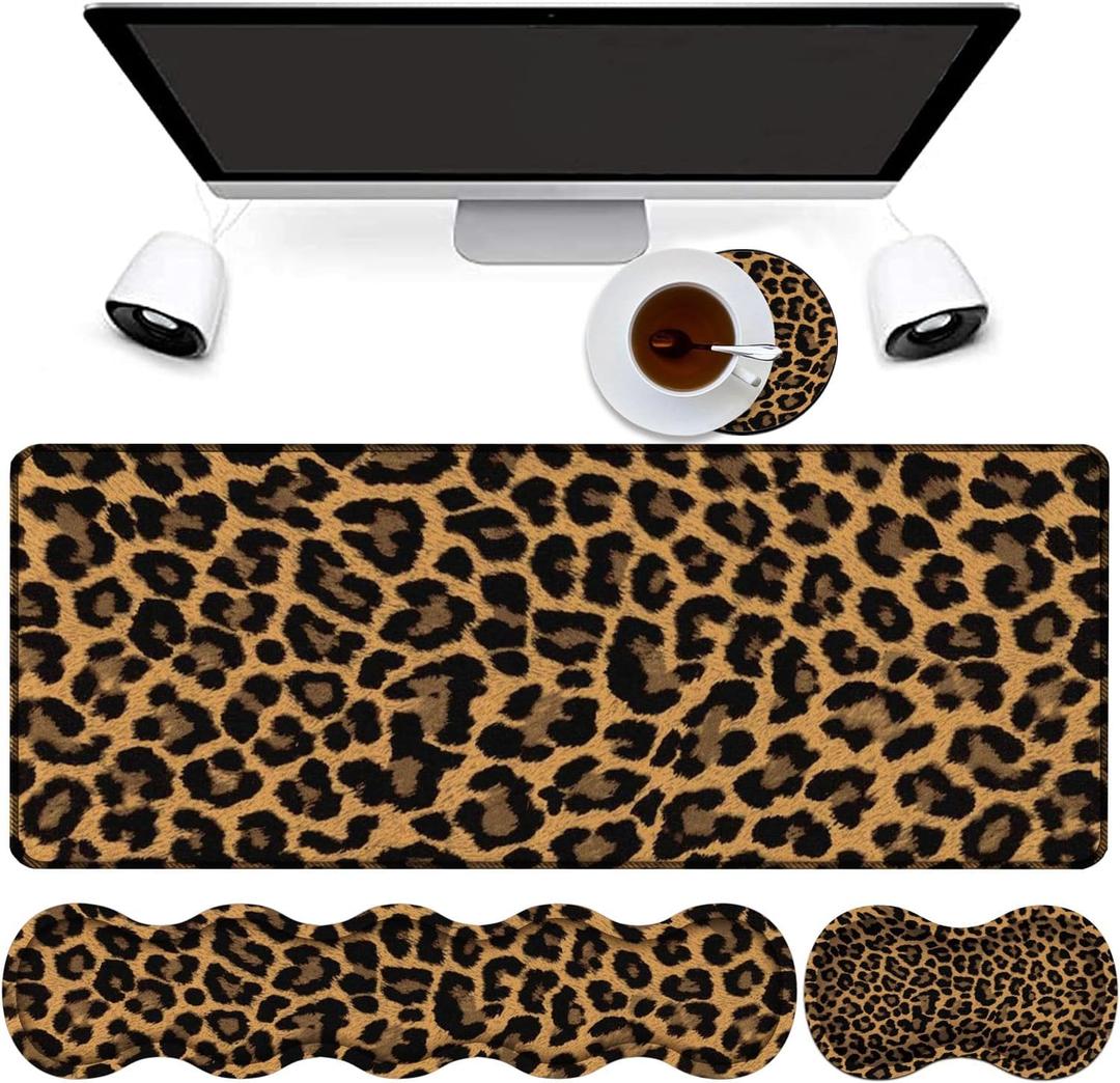 4 in 1 Mouse Pad Combo, Large Gaming Mouse Pad + Keyboard Wrist Support + Mouse Wrist Rest + Coaster, Table Pad with Stitched Edge Memory Foam Ergonomic Wrist Pad Set, Leopard Print