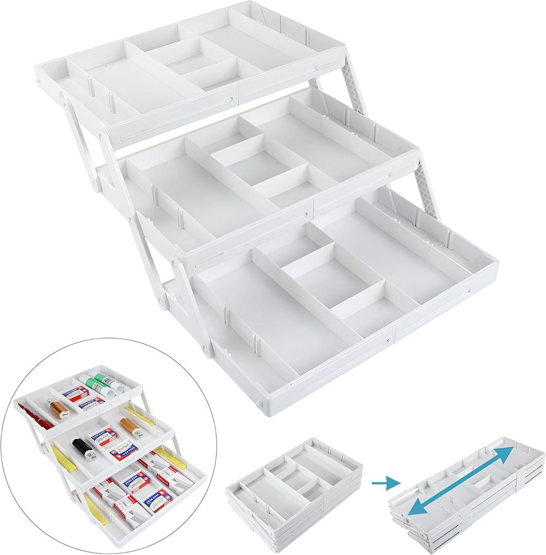 Upgraded Expandable Drawer Organizer Smart Multi Level Smart Drawers Organizers Desk Junk Drawers Organizers Tray Collapsible 3 Tier for Makeup, Jewelry, Cosmetics