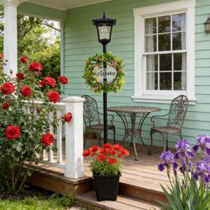59" Solar Lamp Post with Planter 2-in-1, Solar Post Lights Outdoor Waterproof, Dusk to dawn Warm Yellow Lights, Outdoor Planter for Real or Fake Flowers, Solar Lights for Lawn, Patio, Front/Back Door, With Wreath Welcome Sign