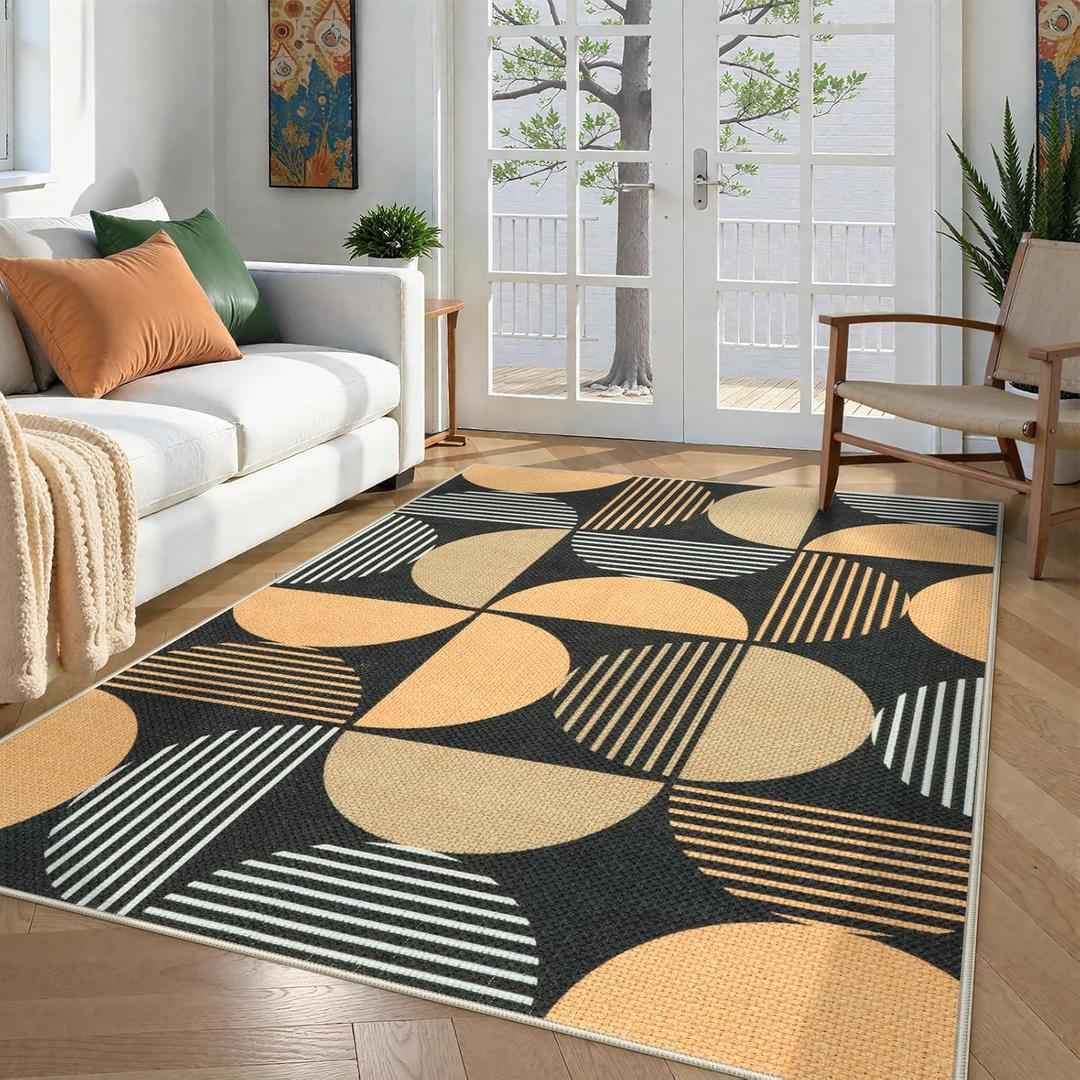 LEEVAN Modern Geometric Washable 5x7 Rug, Easy Jute Brown Rugs for Living Room, Farmhouse Non-Slip Outdoor Patio Rug, Non Shedding Bedroom Dining Room Mat for Home Office