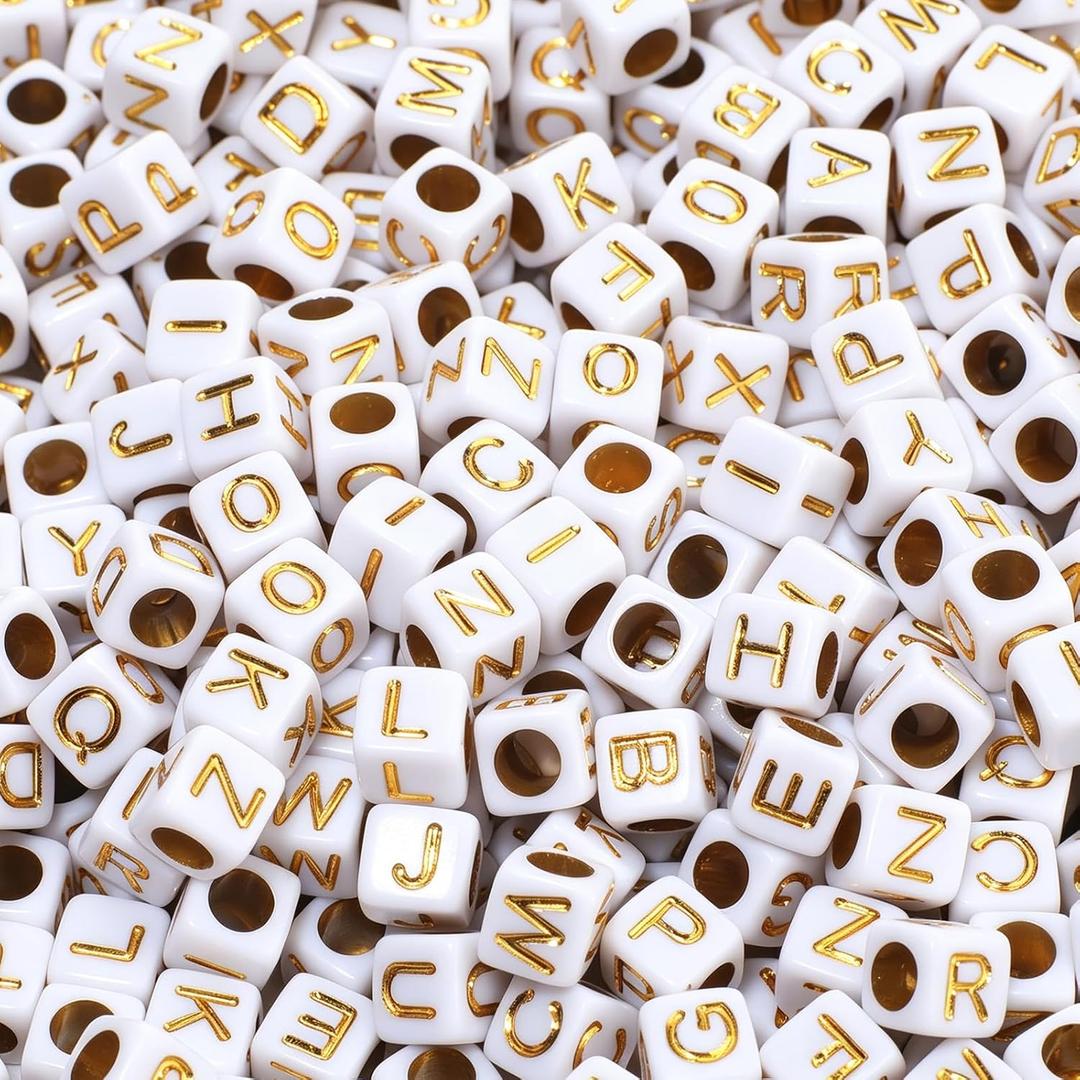 Acrylic Letter Beads Alphabet Gold Letters White Cube Bead, 6×6mm 900pcs, Friendship Bracelets Letters Beads Jewelry Making Bulk