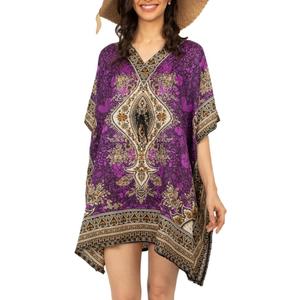 Short Kaftan Beach Cover ups Dresses for Women Ladies Dashiki African Caftan Loungewear Free Size (Purple)