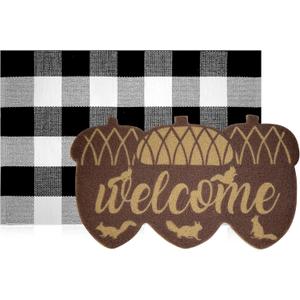2 Pcs Thanksgiving Fall Rug Coir Door Mats Outdoor Pinecones Doormat for Front Nonslip Fall Welcome Rugs Funny Door Entrance Mat 2-in-1 Buffalo Plaid Rug for Autumn Porch Entryway Decor, 17x30