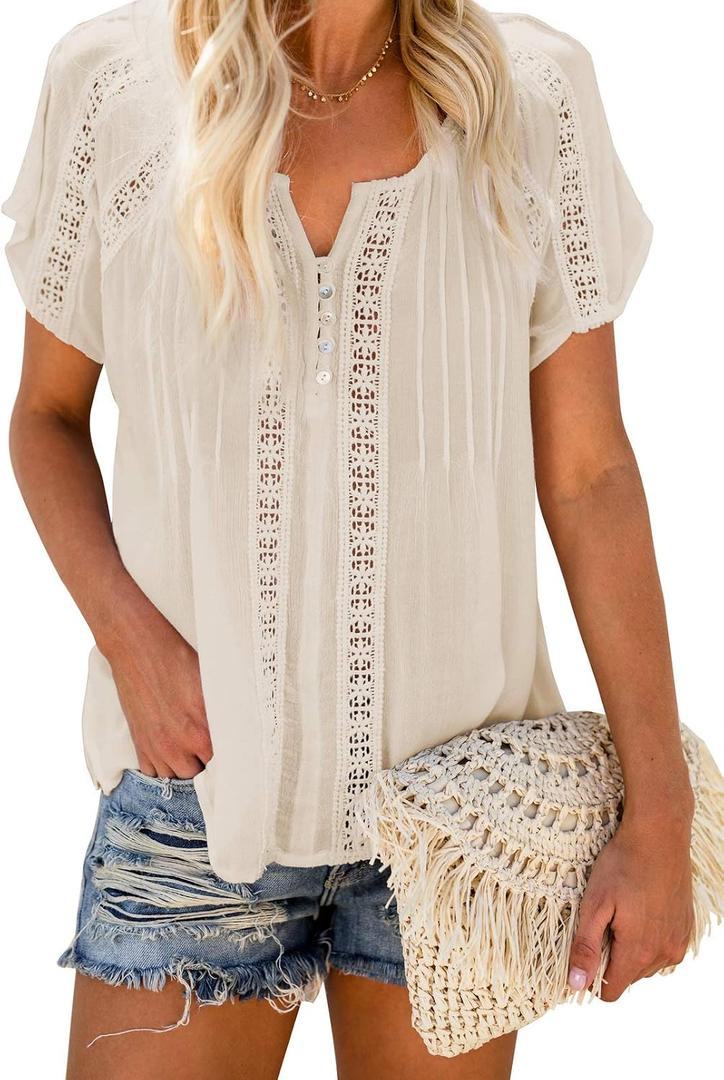Dokotoo Women's V Neck Lace Crochet Eyelet Tops Short Sleeve Casual Shirts Blouses (Beige, L)