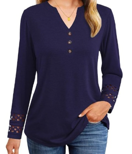 Womens Long Sleeve Shirts V Neck Lace Tunic Button Decor Business Casual Blouses Henley Shirts Loose Fit Fall Tops 2025 M,  Purple