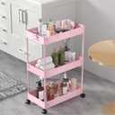 SPACELEAD 3 Tier Rolling Cart with Wheels, Storage Craft Art Trolley Organizer Serving, 3 Hanging Baskets Easy Assembly, for Office, Living Room, Kitchen, Pink