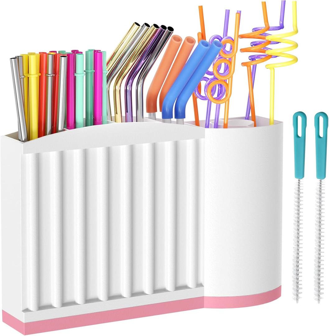 Straw Holder and Organizer for Reusable Straws Rack with Strong Suction Cup & Adhesive, Under Cabinet or On Wall Mount, No Drill Kitchen Organization for Metal, Glass, Silicone Straws White Pink