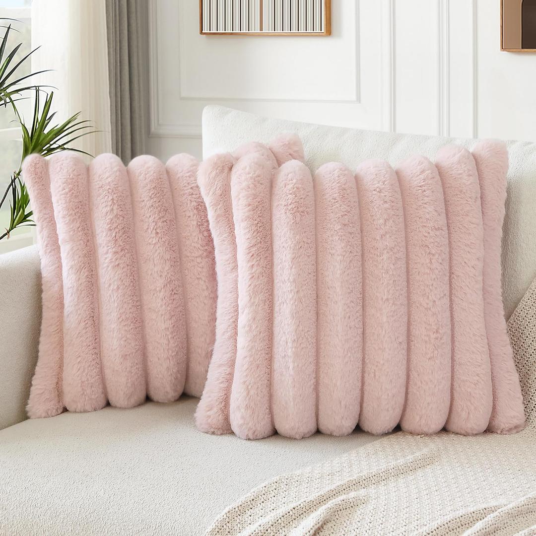 4 x Soleebee Set of 2 Throw Pillow Covers Soft Plush Fluffy Faux Rabbit Fur Pillow Covers Cozy Velvet Pillowcase for Couch Sofa Bed Chair Home Decorative Pillows Cover 12x20 Inch, Pink