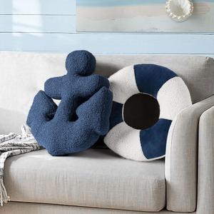 AELS 3D Anchor & Lifebuoy Nautical Throw Pillows, 19.6"& 15.7" Set of 2, Coastal Decor for Beach Enthusiasts Beach House, Ideal for Sofa Couch Living Room Bedroom and Nursery, Navy Blue and White