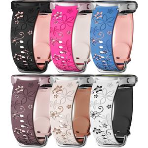 Flower Engraved Band for Samsung Galaxy Watch 7/6/5/4/FE 40mm 44mm/Galaxy Watch 6/4 classic Bands 47mm 43mm 46mm 42mm/Watch 5 pro 45mm Women,No Gap Silicone Cute Floral Strap Wristband Two-Tone Correa
