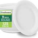 Freshware Paper Plates - Disposable 9" Plate, 125-Pack Biodegradable Sugarcane Fiber Dinner Plates - Heavy Duty Dinnerware for Hot Food - Microwave & Freezer Safe, Stackable Dinnerware (Natural)