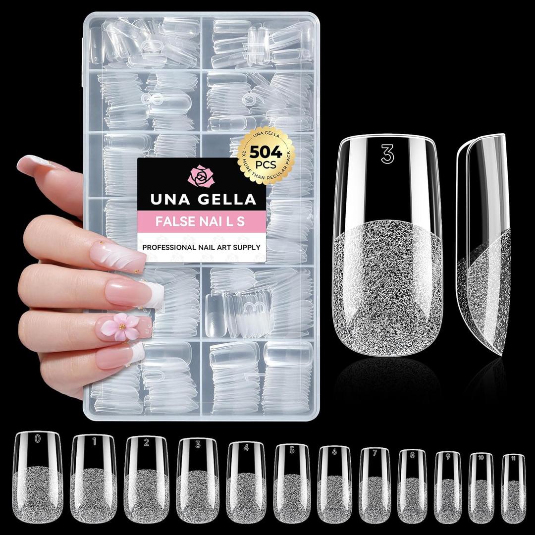 UNA GELLA Square Fake Nails, 504pcs Gel Nail Tips Clear Press on Nails Pre-shape for Full Cover Square Nails French False Nails For Nail Extension Nail Art Home DIY 12 Sizes False Gelly Tips,  Medium Square
