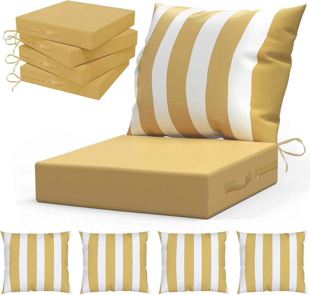 LAGRATY Outdoor Chair Cushions for Patio Furniture24" x 24" Deep Seat Cushions with Backrest for Couch Sofa Chair - Waterproof Fade-Resistant Patio Cushion (Set of 4,Khaki and White)