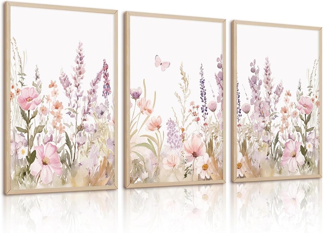 Nursery Girl Floral Wall Art Watercolor Wildflower Canvas Wall Decor Purple Pink Flower Pictures Nursery Floral Art Prints Girl Room Wildflower Poster for Bedroom Bathroom 12x16 Inch Unframed Set of 3 (Purple Bouquets Art)