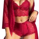 RSLOVE Women Sexy Lingerie Set - 3 Piece Lace Bra and Panty Sets with Mesh Kimono Robe Nightgown Sleepwear (XX-Large, Red)