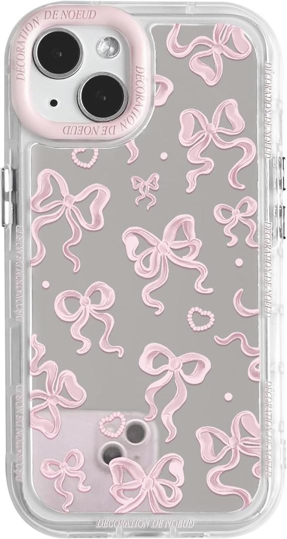 2 x NITITOP Compatible with iPhone 14 Plus Case Cute Mirror Bow Love Heart Pattern for Women Girls Ribbon Design Shockproof Silver Protective Phone Cover - Light Pink Bow