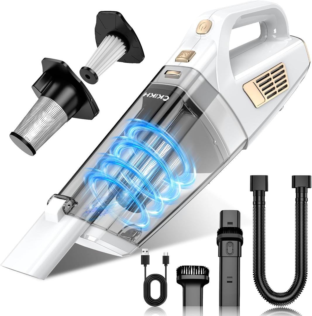 CKIKH Handheld Vacuum Cordless, 15000PA Strong Suction Hand Held Car Vacuum Cleaner Portable with Multi-Nozzles & Washable Filter, Lightweight Rechargeable Vacuum Cleaner for Home, Car, Office, Pets (White & Gold)