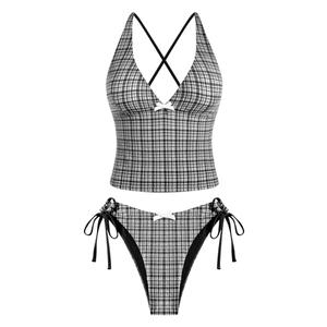 ZAFUL Women's Tankini Set V Neck Tummy Control Floral Printed Tie Side Thong Bikini Swimsuits 2 Piece Bathing Suits (M, Gingham Black)