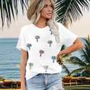Women Hawaiian Shirt Tropical Shirts Coconut Tree Sequin T Shirt Hawaiian Family Vacation Tee Top (White, S)