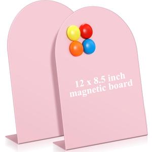 Shimeyao 2 Pcs Pink Magnetic Bulletin Board for Tabletops with 8 Magnets 12 x 8.5 Inch Memo Display Easel Stand for Home Office School Kitchen Table Supplies (Arched)